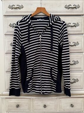 Chico’s Navy Striped Nautical Beach Hooded Cardigan